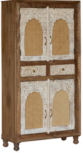 Indian Hand Carved Rattan Cane Solid Wooden Cupboard Wardrobe D50